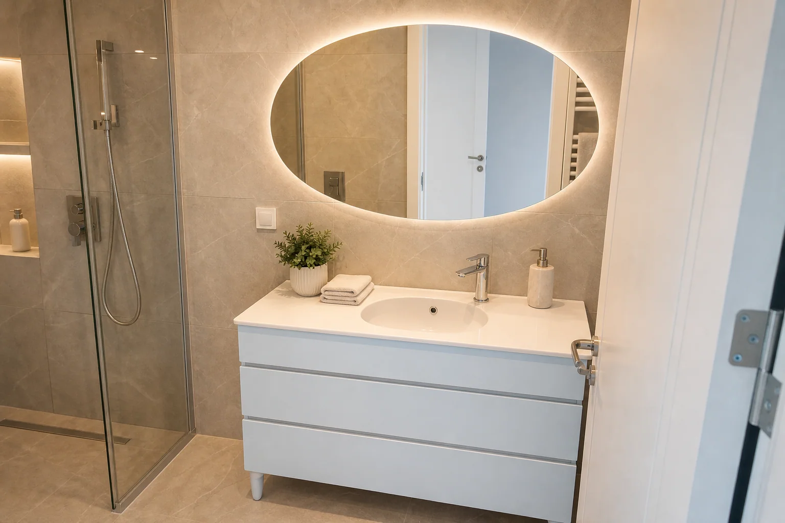 Oval aynalı beyaz banyo dolabı — mevcut katalog görseli
