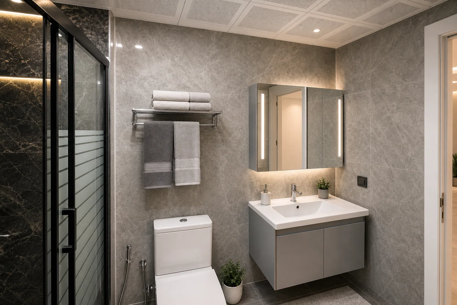 Gri banyo dolabı ve aydınlatmalı ayna — mevcut katalog görseli