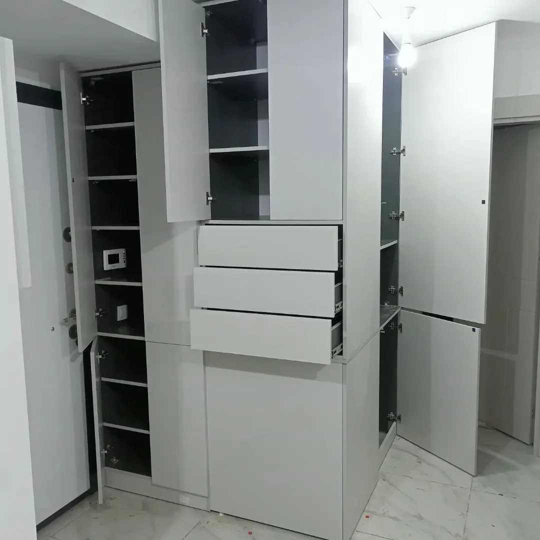 Açık kapaklı gardıropta raflar, askı bölümleri ve çekmeceler